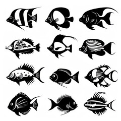 Fototapeta premium Fish vector icon pack, silhouette, mimimal mono line icon, black thick line art, black and white color isolated on white