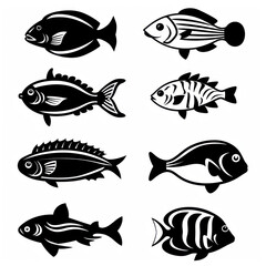 Fish vector icon pack, silhouette, mimimal mono line icon, black thick line art, black and white color isolated on white - obrazy, fototapety, plakaty