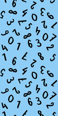 template with the image of keyboard symbols. a set of numbers. Surface template. pastel blue background. Vertical image. Banner for insertion into site.
