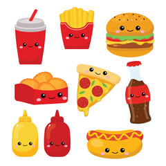 Set of cute fast food and drink concept