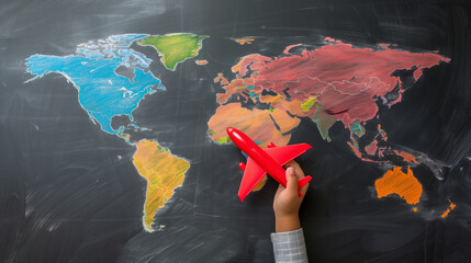 Child is holding a red airplane on a map of the world. Touristic, international transportation and travelling or liberty and escape concepts.