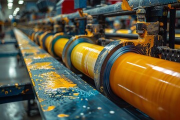 A detailed shot of an industrial roller machine as it processes and handles yellow material in a factory