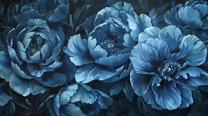 Luxurious Wall Hanging: Detailed Blue Peonies in Dark Gray and Light Bronze