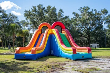 Double the fun with colorful dual bounce house slides set up at community park in Florida for kids to enjoy