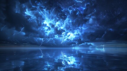Night Thunderstorm: An image of a night thunderstorm, with lightning flashing across the sky and reflecting on a calm body of water below - obrazy, fototapety, plakaty