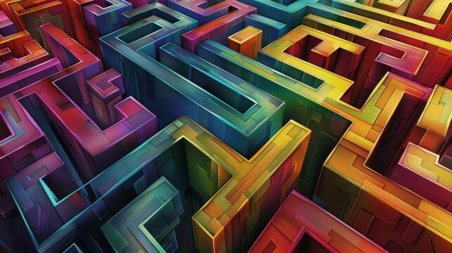 A 3D rendering of a colorful maze with blue, red, yellow, and purple walls.