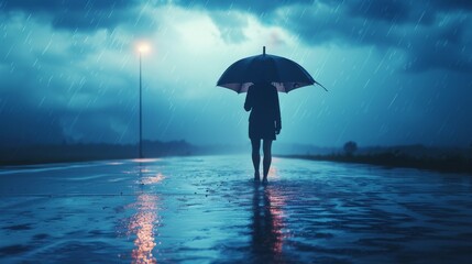 Safety and preparation: A photo of a person holding an umbrella and walking briskly towards shelter