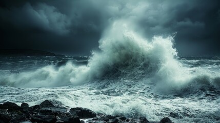 Stormy Weather: A photo of a stormy sea with large waves crashing against rocks - obrazy, fototapety, plakaty