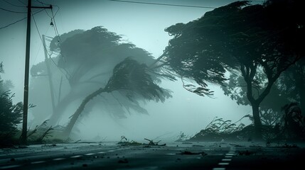 Stormy Weather: A photo of strong winds bending trees and blowing debris - obrazy, fototapety, plakaty