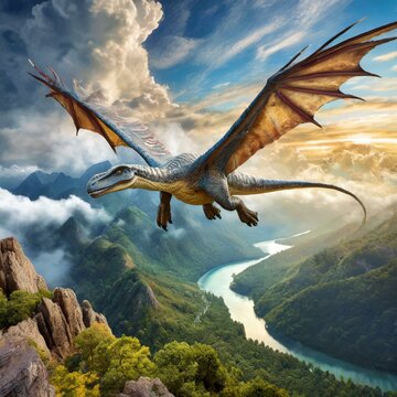 a picture of wonder and adventure as a massive flying dinosaur dominates the skies, its powerful wings carrying it effortlessly through the clouds, while below, onlookers gaze in awe at the sig