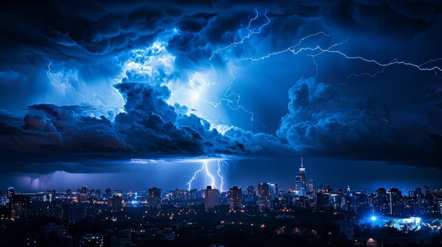 Thunder and Lightning: A photo of lightning illuminating the silhouette of a city skyline at night