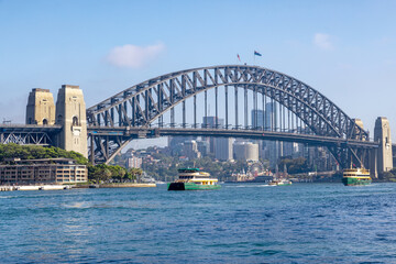 The iconic Sydney Harbour Bridge with passenger ferries crossing back and forth across the bay. An arch road bridge linking the Central Business District with the North Shore.