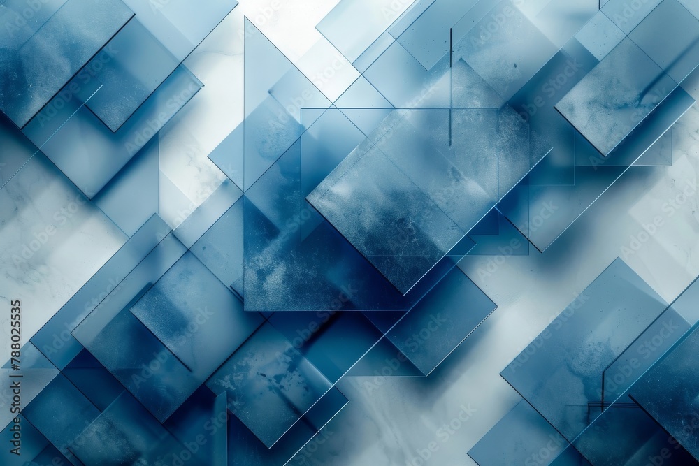 Poster dynamic composition of blue geometric shapes with a variety of patterns, creating an engaging abstra
