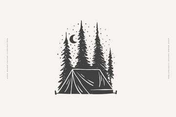 Silhouette of tall firs with a tourist tent, drawn with a stamp effect. Vector illustration in vintage emblem style.