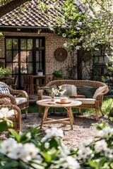 Fototapeta na wymiar A patio furniture set in a backyard with flowers and trees, AI