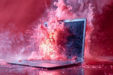 A computer laptop with a cloud of pink smoke and debris illustrating an explosive malfunction or cyber attack