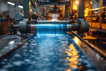 Industrial setting with a blue illuminated rolling mill machine in operation, representing manufacturing precision and engineering expertise - obrazy, fototapety, plakaty