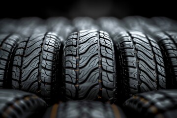 Perfectly aligned automobile tires with intricate tread patterns on an industrial backdrop - obrazy, fototapety, plakaty