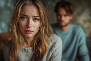 Portrait of sad woman with man on background. Concept of domestic violence or conflict in relationship.