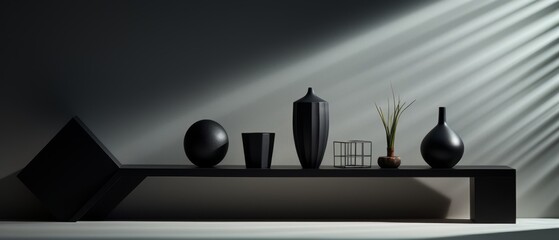 3D geometric shapes casting shadows, minimalist dark tones,