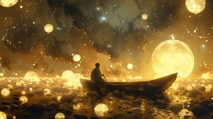 A man on an illuminated boat is floating in the ocean surrounded by glowing spheres of different sizes, in a fantasy 