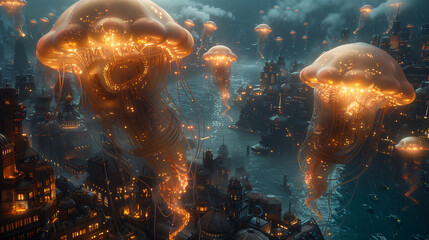 surreal of jellyfish in the city underwater - obrazy, fototapety, plakaty