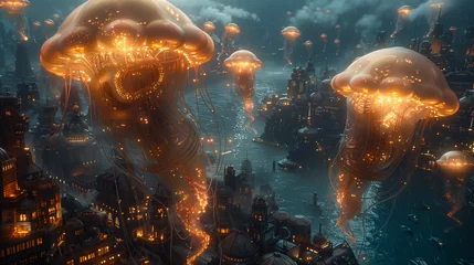 Foto op Plexiglas surreal of jellyfish in the city underwater © pattozher