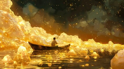 A man on an illuminated boat is floating in the ocean surrounded by glowing spheres of different sizes, in a fantasy 