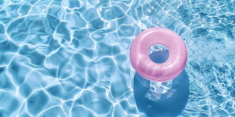 Pink pool float in the blue swimming pool. Inflatable ring seen from above in sparkling blue water with copy space. Summer leisure, vacation concept. Top view. Vivid pool ring floating. Water ring - obrazy, fototapety, plakaty