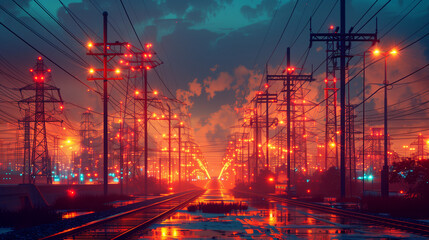 high voltage pole scenery with sunset - 788027117