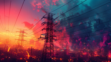 high voltage pole scenery with sunset - 788027118