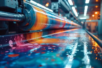 A dynamic, close up view of a printing press machine with vivid, colorful inks spreading across the material