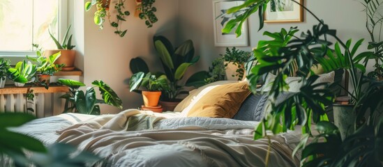Fresh plants in pots in a brightly lit room with a poster hanging above the bed.