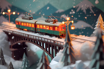 冬の山岳地帯を走る電車の風景（ジオラマ風） - obrazy, fototapety, plakaty