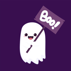 Cute ghost floating with Halloween pumpkin basket for Trick or Treat. Funny spooky boo character. Spook phantom with happy smiling face expression. Isolated kids flat vector illustration.