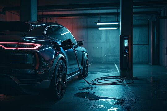 Electric hybrid vehicle charging in dark garage renewable energy concept Header image for website or app background