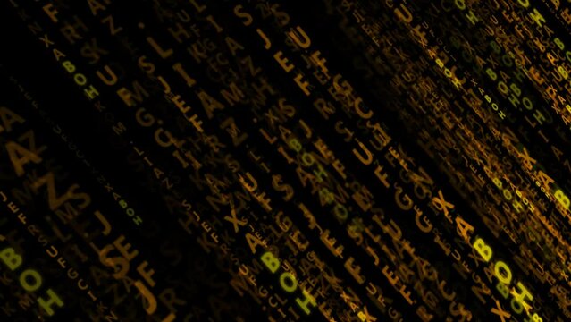 Yellow letters on a black background. Flow of information on the network. Video animation.