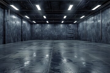 Empty dark garage with wide wall and industrial floor