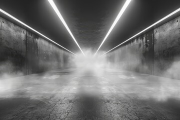 Empty dark scene with white rectangle tunnel futuristic garage corridor with smoke and plane illustration - Powered by Adobe