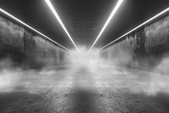 Fototapeta Empty dark scene with white rectangle tunnel futuristic garage corridor with smoke and plane illustration