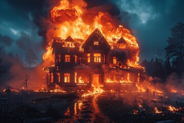 An intense scene of a large house fully ablaze at night, with massive flames engulfing the structure