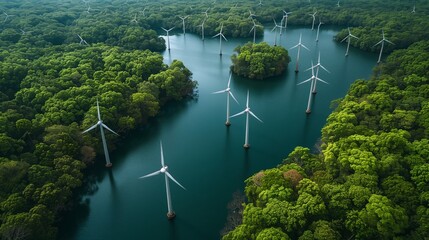 Wind turbines stand tall amidst vibrant green forest and serene waters, illustrating renewable energy in natural settings. - obrazy, fototapety, plakaty