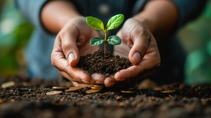 Hands cradle a growing plant sprouting from soil and coins, symbolizing investment, growth, and financial success.