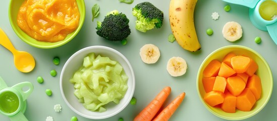 Infant food consisting of bowls filled with pureed vegetables and fruits in green, orange, and yellow hues, including broccoli, carrots, banana, and apple, accompanied by baby accessories and toys, - obrazy, fototapety, plakaty