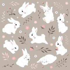 Cute cartoon rabbits. Funny white hares, Easter bunnies. Standing, sitting, running, jumping, sleeping pose. Set of flat cartoon vector illustrations isolated on background. White Easter bunny rabbits