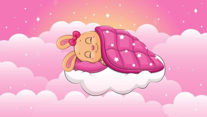 Cute cartoon rabbit is sleeping on the cloud. Night looped animation with animal and clouds on a pink background with stars.