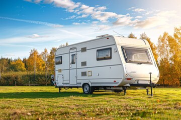 European camping site with a white caravan trailer on a green lawn on a sunny autumn day embodying lifestyle travel ecotourism and recreation