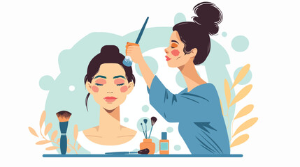 Makeup artist preparing face skin of actress  - obrazy, fototapety, plakaty