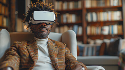 man wearing VR glasses in home