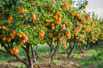 Farm with apricot trees bearing ripe fruit